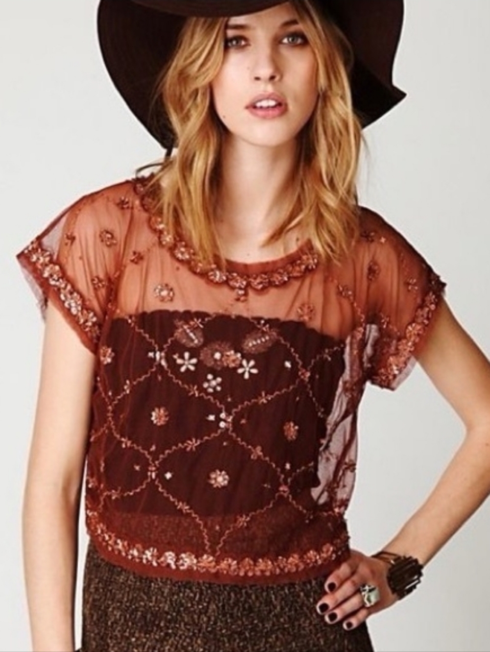 Free People Mesh Sequin Crop Top